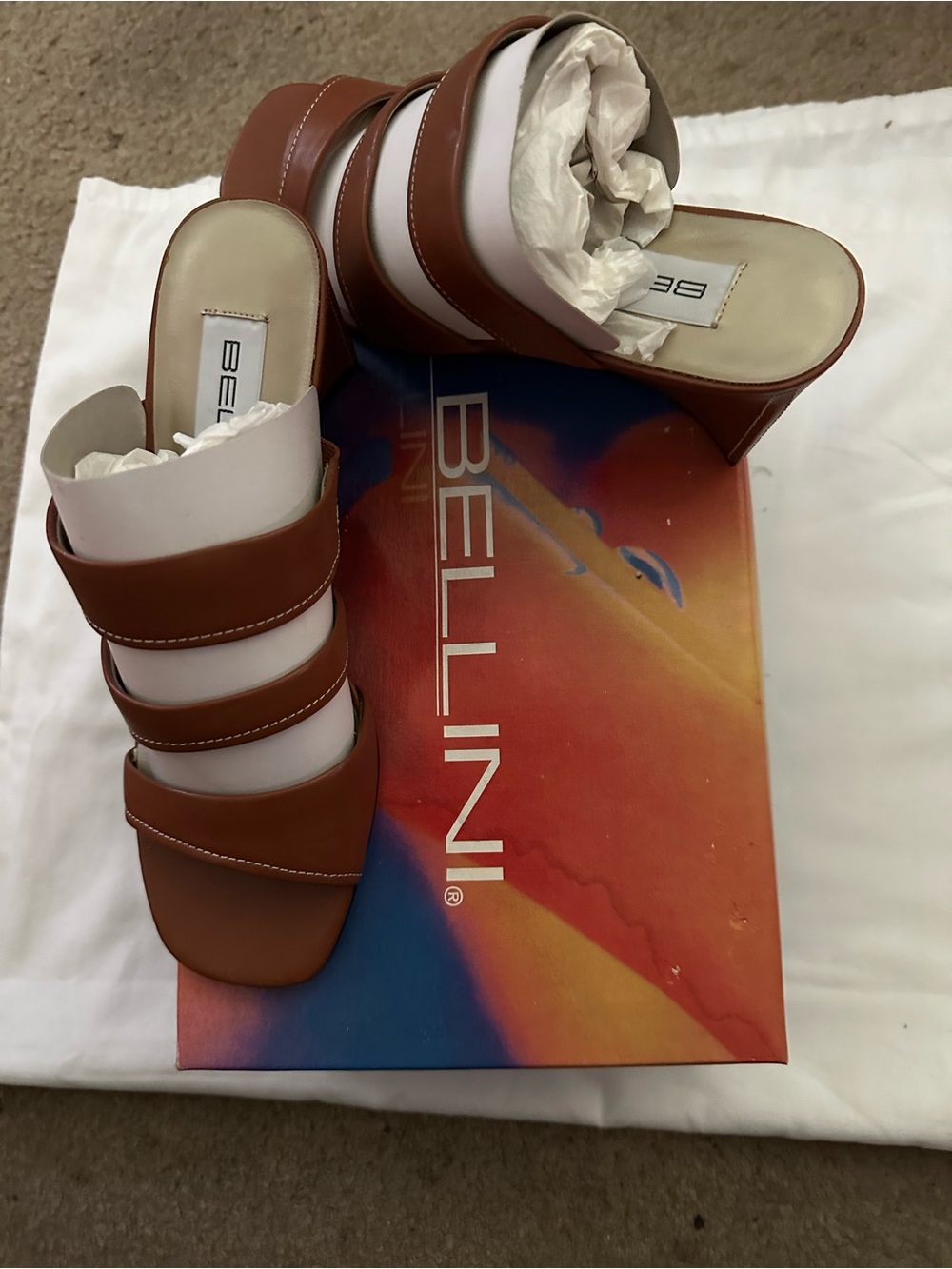 Vintage Bellini Glenda Leather Wedge Sandals Luggage Tan NIB Women’s 7.5M